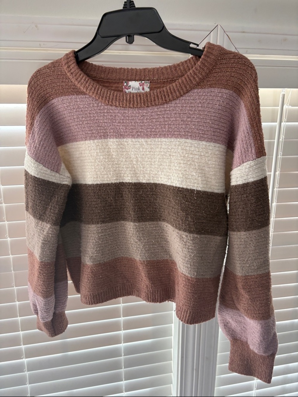 PINK Republic Striped Crewneck Sweater in Mauve, Cream & Brown